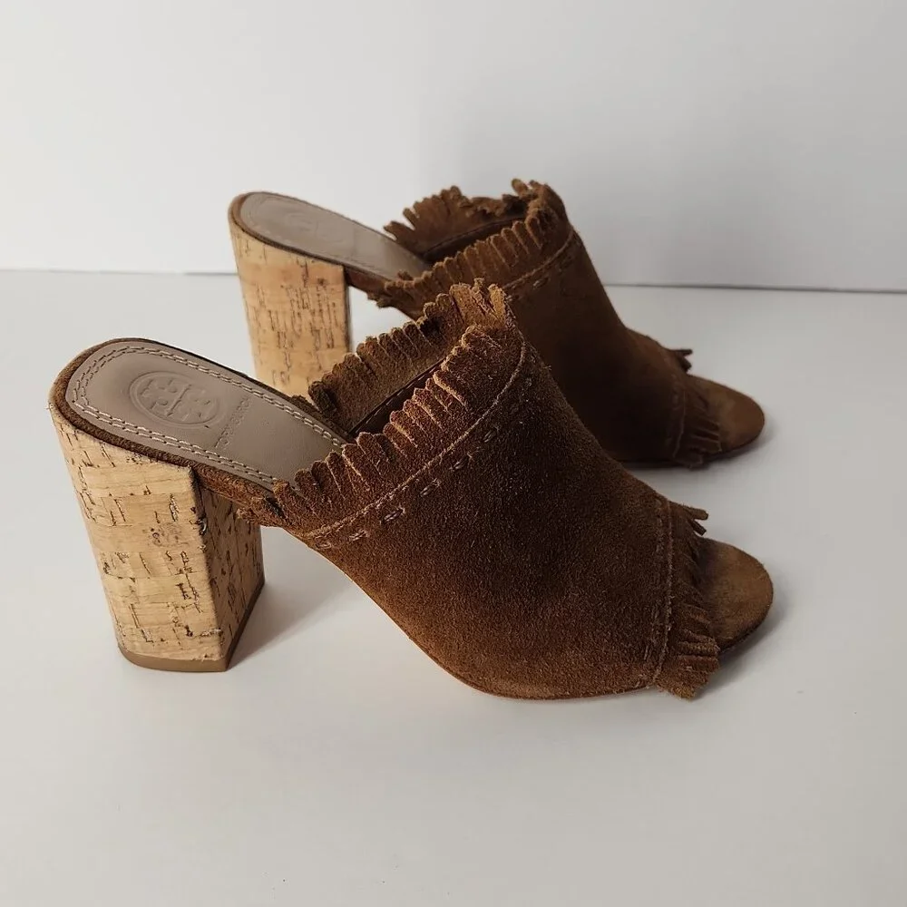 Tory Burch Huntington suede fringe mule sandal cork block heel shoes 5.5 M - Picture 4 of 12